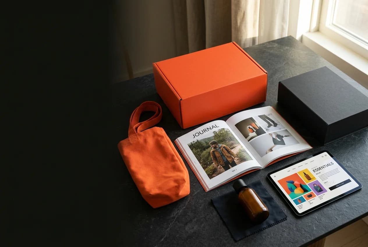 Turuncu ürün ambalajları, katalog ve tablette mağaza tasarımı.